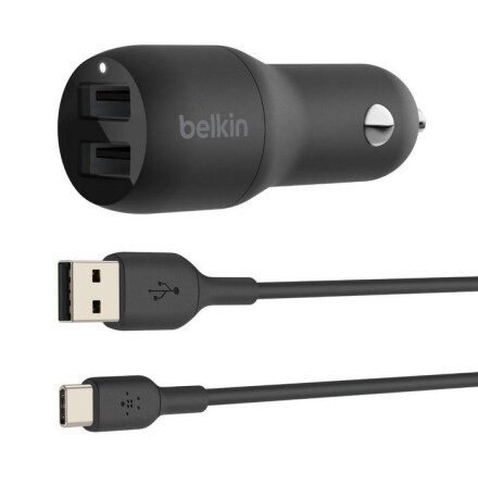 Dual USB-A Car Charger 24W + USB-C Cable, Black